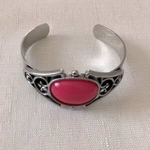 Pink Cabochon Silver Tone Bangle Bracelet